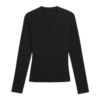 黑色v领长袖针织衫女打底上衣
