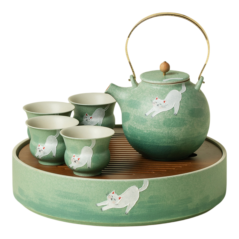 里作 云青猫憩功夫茶具套装小套手绘高档陶瓷家用中式提梁壶套组