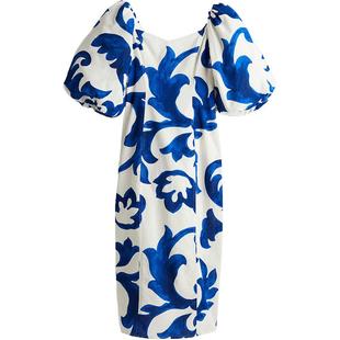 HM女士花卉连衣裙冬季气质修身欧根纱五分袖灯笼袖连身裙1238363