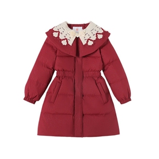女童中长款羽绒服2025冬新款儿童大红色拜年服小女孩收腰加厚外套