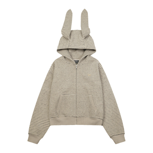 BIPOLAR兔耳朵条纹开衫卫衣美式休闲宽松上衣春秋款设计感外套女