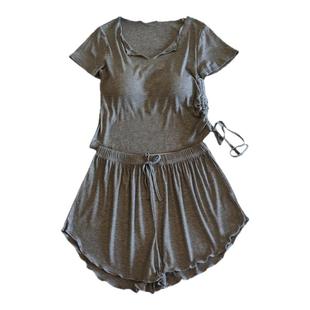 莫代尔带胸垫睡衣女夏季短袖短裤性感纯欲风长裤棉家居服套装网红
