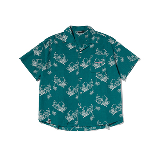 oddCIRKUS印花短袖 蓝绿色满印衬衫男女同款日系衬衫上衣