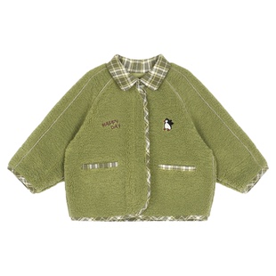 小O爸男婴童 宝宝加绒外套格纹翻领2025新款婴儿保暖气质冬装