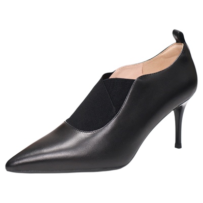 康莉高跟鞋尖头细跟松紧带羊皮