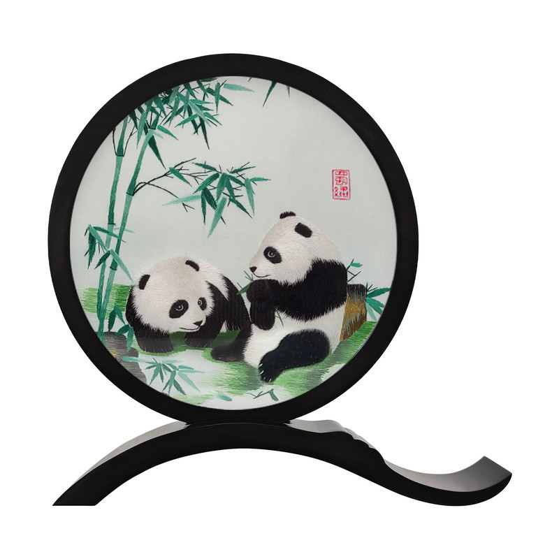 蜀绣大熊猫双面绣檀木摆件