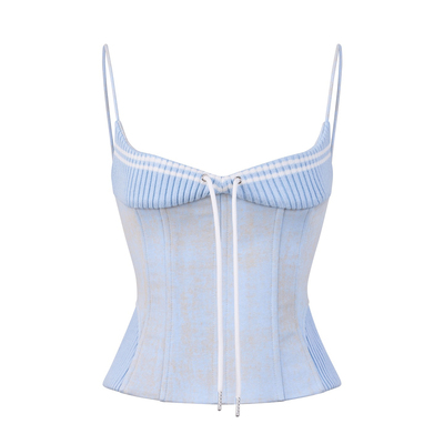 LSOUL2025新款淡蓝色螺纹套装清新随性休闲风时尚女装套装