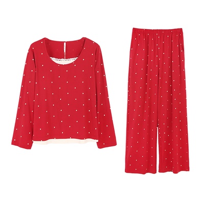 安之伴【巨柔软】睡衣女款春秋季红色纯棉带胸垫长袖家居服本命年