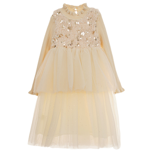 女童针织网纱裙公主风蛋糕裙2025秋冬装中大童羽毛亮片网纱连衣裙