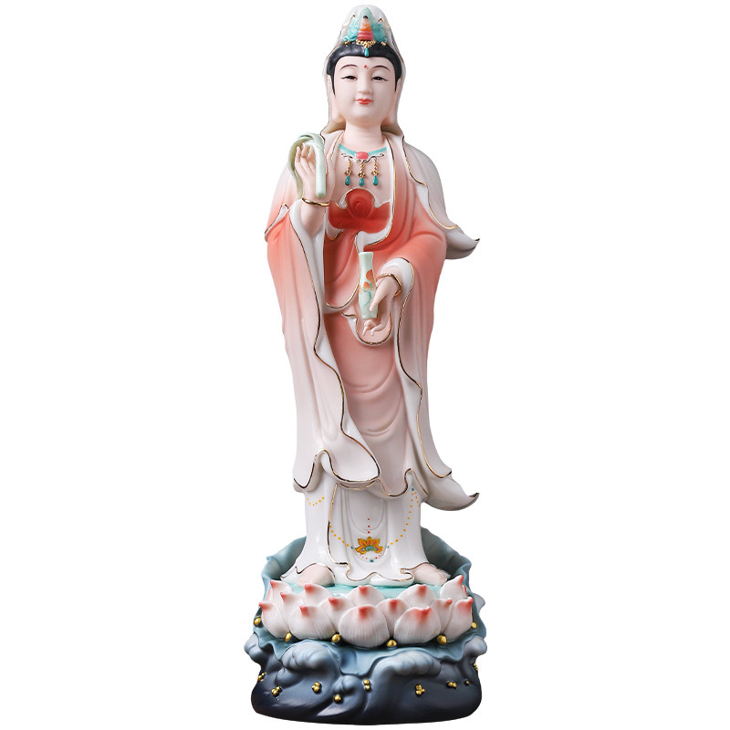 戴玉堂陶瓷《 立莲杨枝渡海观音 红衣描金彩》家用佛像供奉摆件