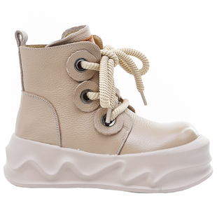 真皮厚底马丁靴女款春秋短筒女鞋复古坡跟骑士靴小个子增高短靴子