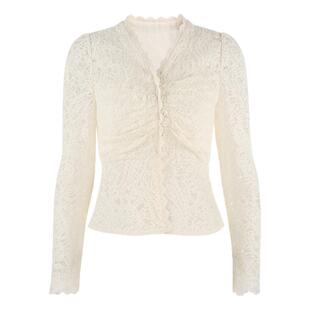 韩语琳 蕾丝长袖衬衫2025新款女轻奢高级感打底衫短款修身v领上衣