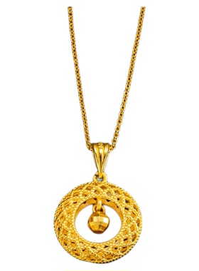 珞石沙金新款花丝吊珠平安扣花丝镂空圆牌高保色铜镀金项链女饰品