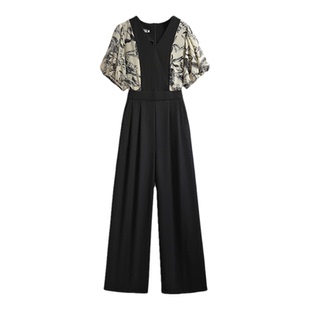 高级感连体裤女夏季收腰显瘦拼接西装阔腿裤名媛气质V领连衣裤子