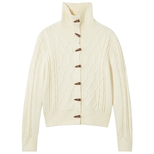 热风女士针织衫毛衣2025年冬季新款复古学院牛角扣翻领针织开衫