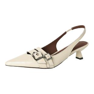 简约~手工制作真皮包头凉鞋女中跟细跟尖头皮带扣后绊带蓝色40码