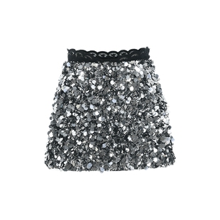 lefame拉飞姆冬季60年代优雅银灰色华丽珠片A型半裙