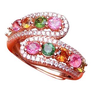 【星河万里】仿碧玺戒指925银彩色水晶18K玫瑰金祖母绿戒子女款