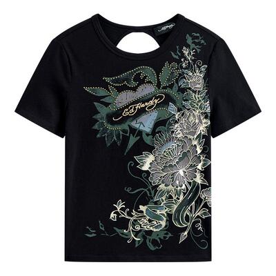 Ed Hardy埃德哈迪夏季流行新款圆领黑色修身针织女士短袖T恤