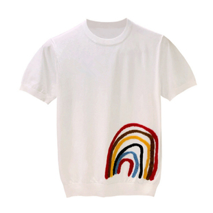 夏季新款休闲衣服男款修身上衣 潮流彩虹植绒圆领t恤男士针织短袖