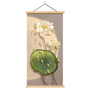 新中式荷气生财玄关装饰画高级感走廊过道挂画客厅背景墙竖版壁画