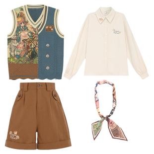 森女部落美拉德穿搭复古风衬衫针织衫马甲背心套装女秋冬叠穿毛衣