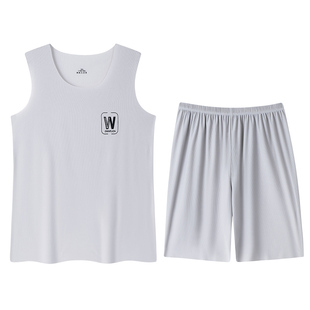 螺纹冰丝睡衣男款夏季薄款凉感背心短裤男士宽松可外穿家居服套装