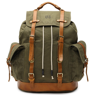 二战伞兵胡椒盐背包大容量帆布包旅行牛皮包户外登山包复古电脑包