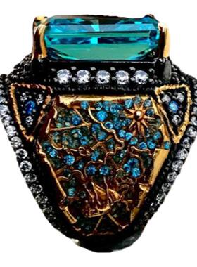 纯银镀金复古海蓝宝石镶嵌戒指