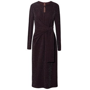 罗衣巨好看亮丝镂空系带修身连衣裙女春气质棕色打底包臀裙12688