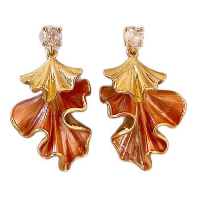 金色不规则撞色银杏叶锆石耳钉