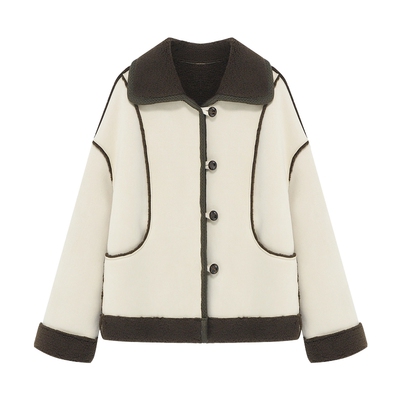 Basic House/百家好韩版翻领皮毛一体外套冬季时尚撞色毛绒短上衣