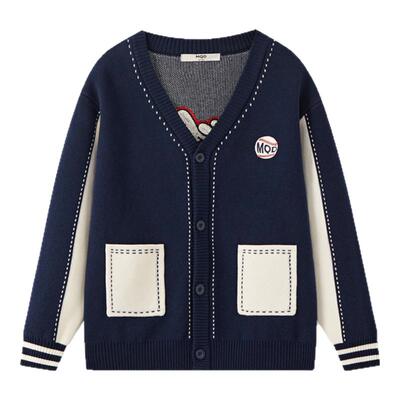 MQD童装男中大童25年秋季新品儿童学院风小熊撞色V领开衫毛衣外套
