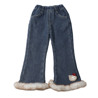 中小女童秋冬加绒加厚牛仔微喇裤