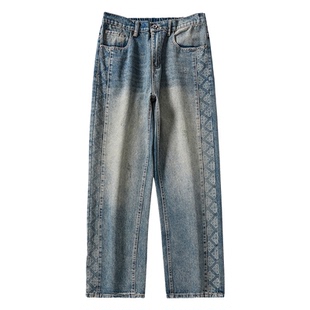 马切达男款美式压花水洗牛仔裤秋季做旧复古休闲长裤宽松垂感男裤
