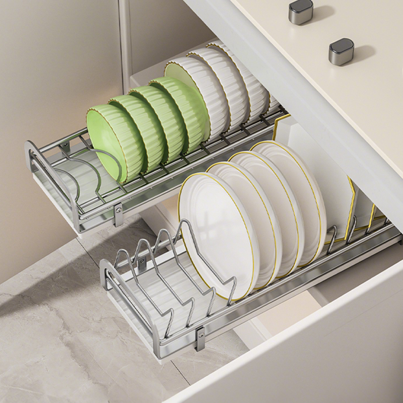 抽拉式碗架厨房橱柜拉篮碗篮抽屉内置抽拉碗碟架收纳架沥水置物架