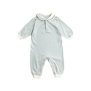 OAK FAMILY春秋新品新生婴儿连体衣海军领长袖条纹宝宝爬服棉