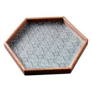 复古海棠花玻璃长方形托盘家用木质水果点心收纳盘茶杯放置盘茶盘