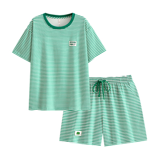 悦内睡衣女士夏季夏天纯棉短袖短裤家居服时尚休闲条纹套装可外穿