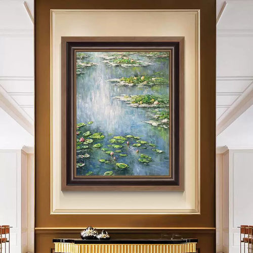 莫奈睡莲纯手绘油画玄关柜挂画客厅装饰画餐厅过道楼梯欧式印象派