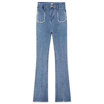 钉珠前开叉zklin微喇牛仔裤长裤