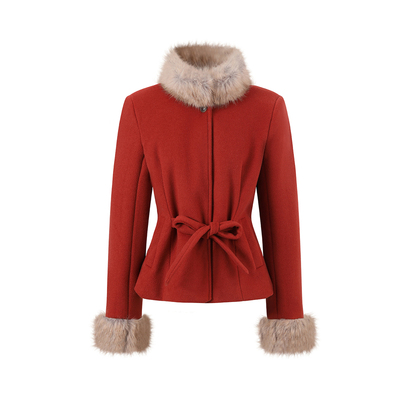 7Shiftin 原创设计双色系带毛领拼毛呢外套冬季收腰显瘦气质上衣