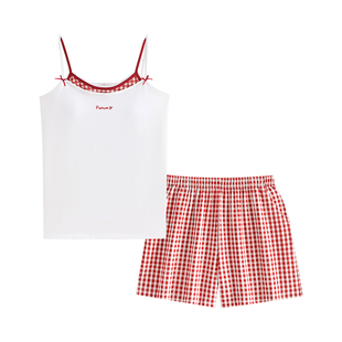 悦内带胸垫睡衣女夏季纯棉假两件背心吊带家居服夏天时尚休闲套装
