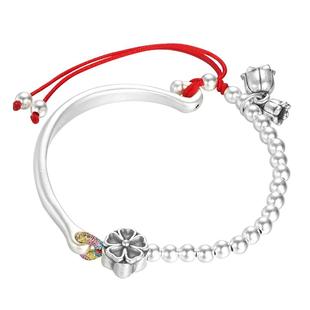 九乐足银古法弯管铃兰花手链时尚半镯半链圆珠纯银手串送女友礼物