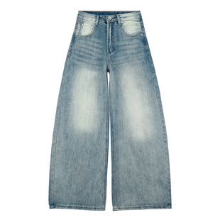 美式复古竹节纹牛仔裤女水洗做旧高级感宽松显瘦阔腿裤拖地弯刀裤