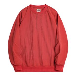 马登工装 美式复古棒球领卫衣新年红色上衣宽松套头衫圆领T恤男春