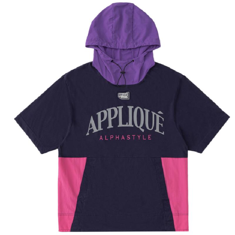 AlphaStyle夏季新款拼接撞色短袖T恤连帽卫衣男女同款潮牌街头