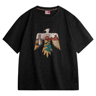 马登工装美式复古印第安雷鸟T恤棉重磅民族风刺绣印花短袖男夏季