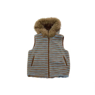 古力娜扎同款复古时髦宽松叠穿条纹拉链毛毛马甲外套女2026秋冬