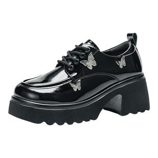 依思q厚底小皮鞋女款2024秋季新款系带乐福鞋百搭jk甜美蝴蝶单鞋
